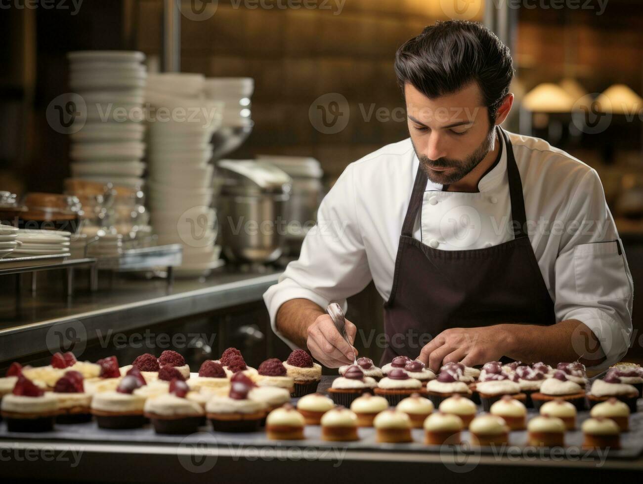 Male chef creates culinary masterpieces in a bustling kitchen AI Generative photo