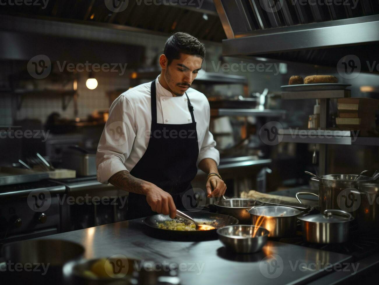 masculino cocinero crea culinario obras maestras en un bullicioso cocina ai generativo foto