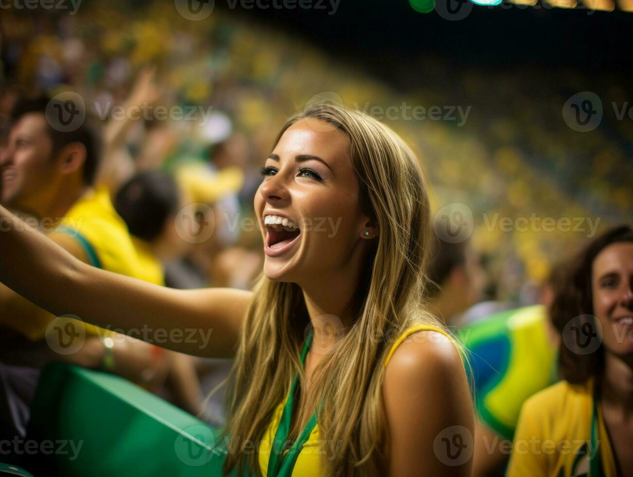 brasileño mujer celebra su fútbol equipos victoria ai generativo foto