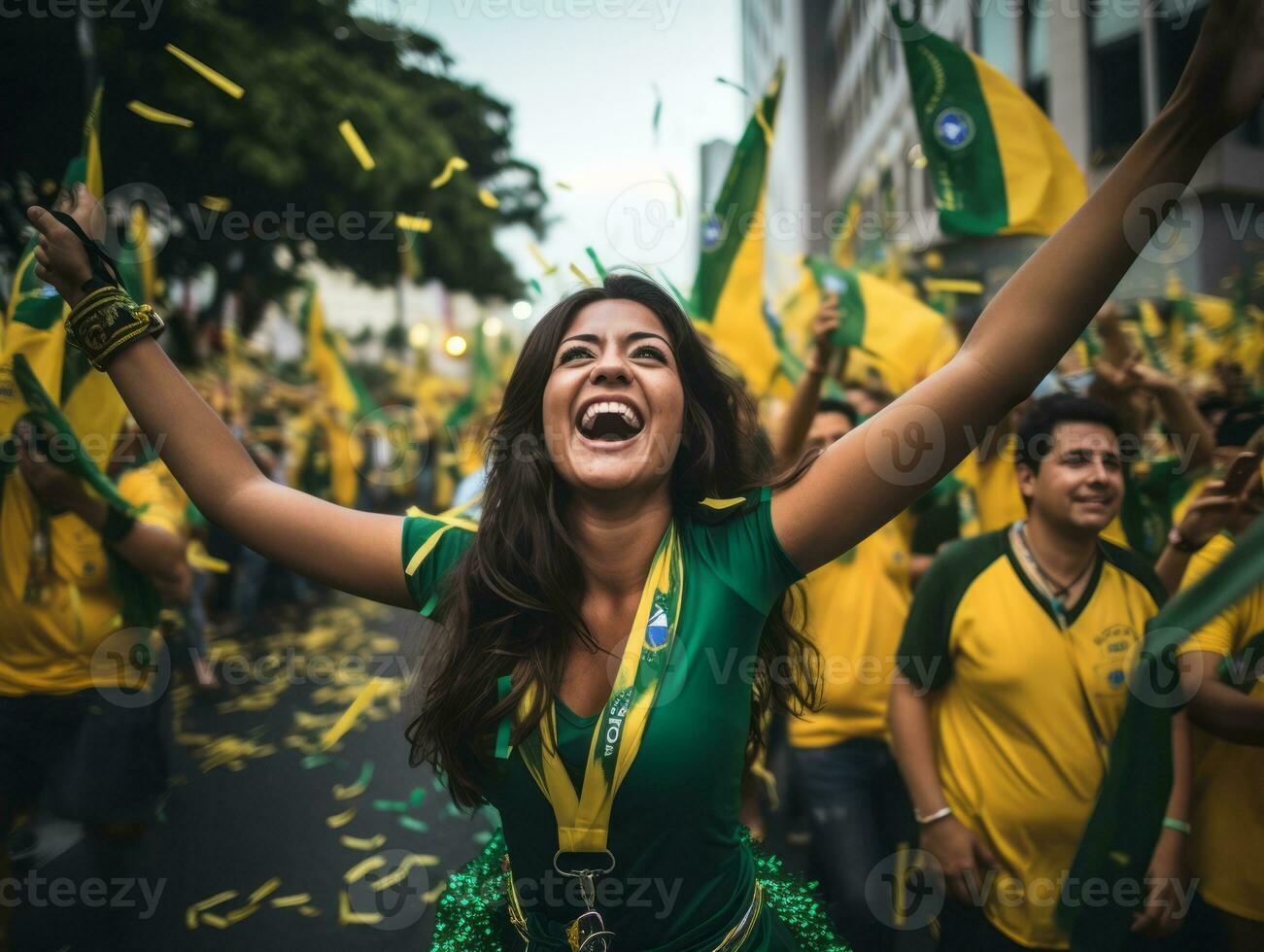 Brazilian woman celebrates his soccer teams victory AI Generative photo