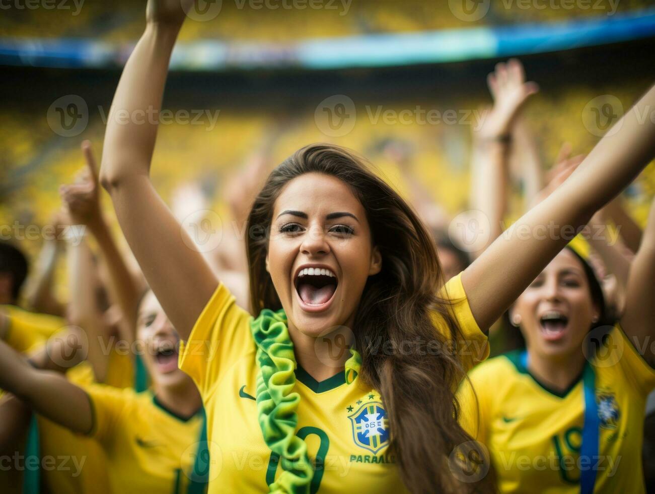 brasileño mujer celebra su fútbol equipos victoria ai generativo foto