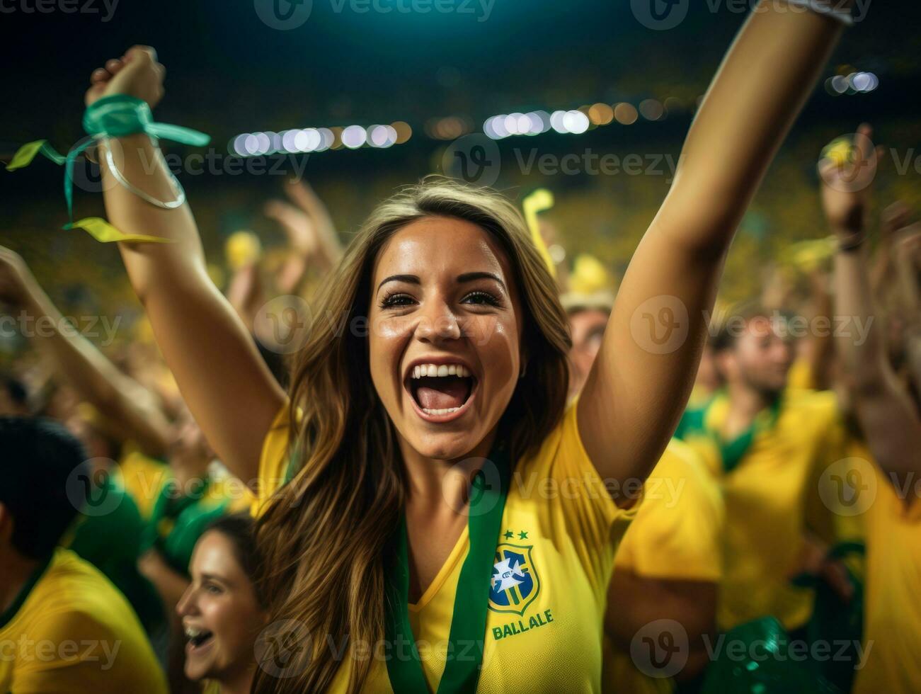 brasileño mujer celebra su fútbol equipos victoria ai generativo foto