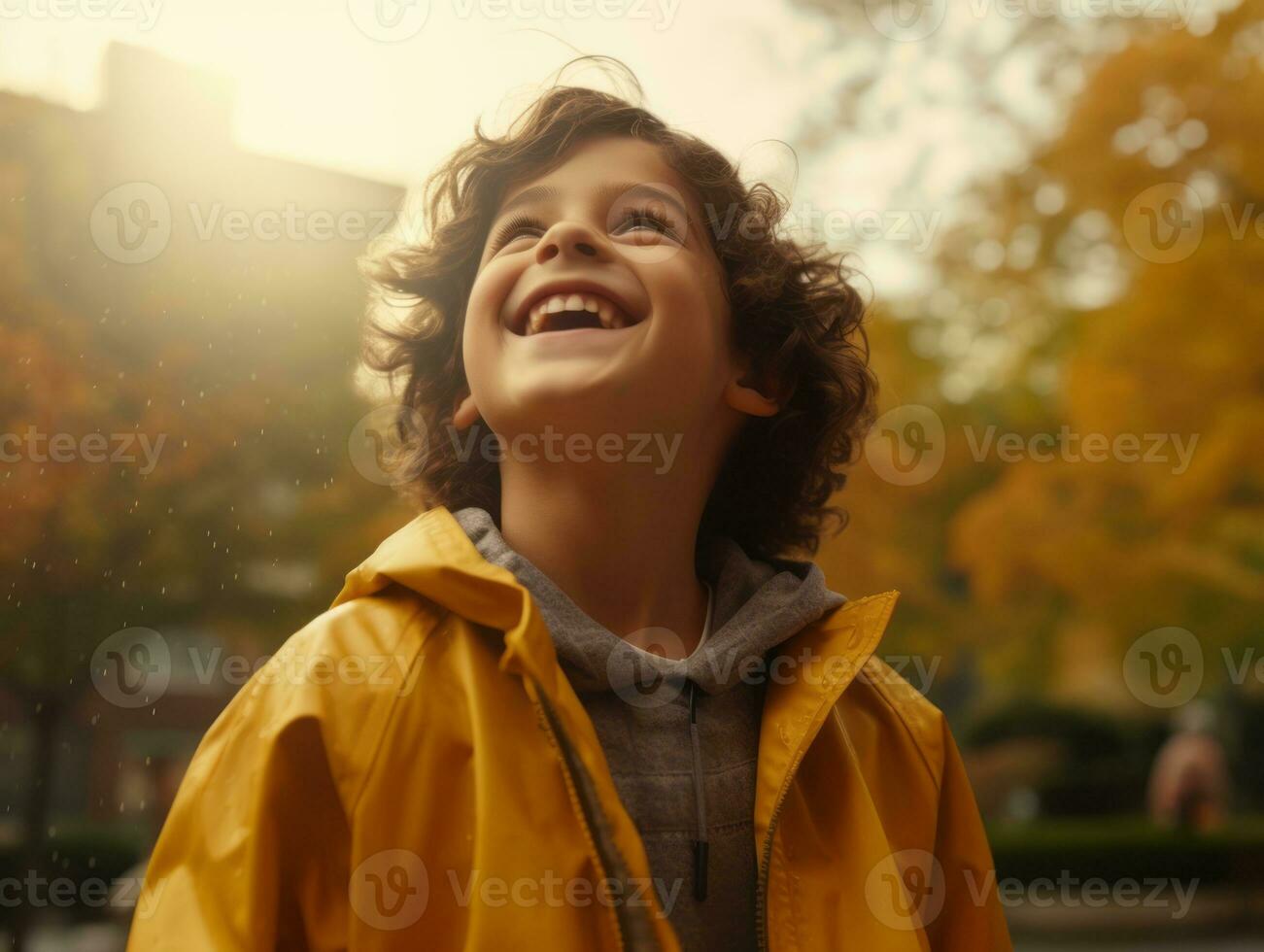 Carefree child joyfully dances in the refreshing rain AI Generative photo