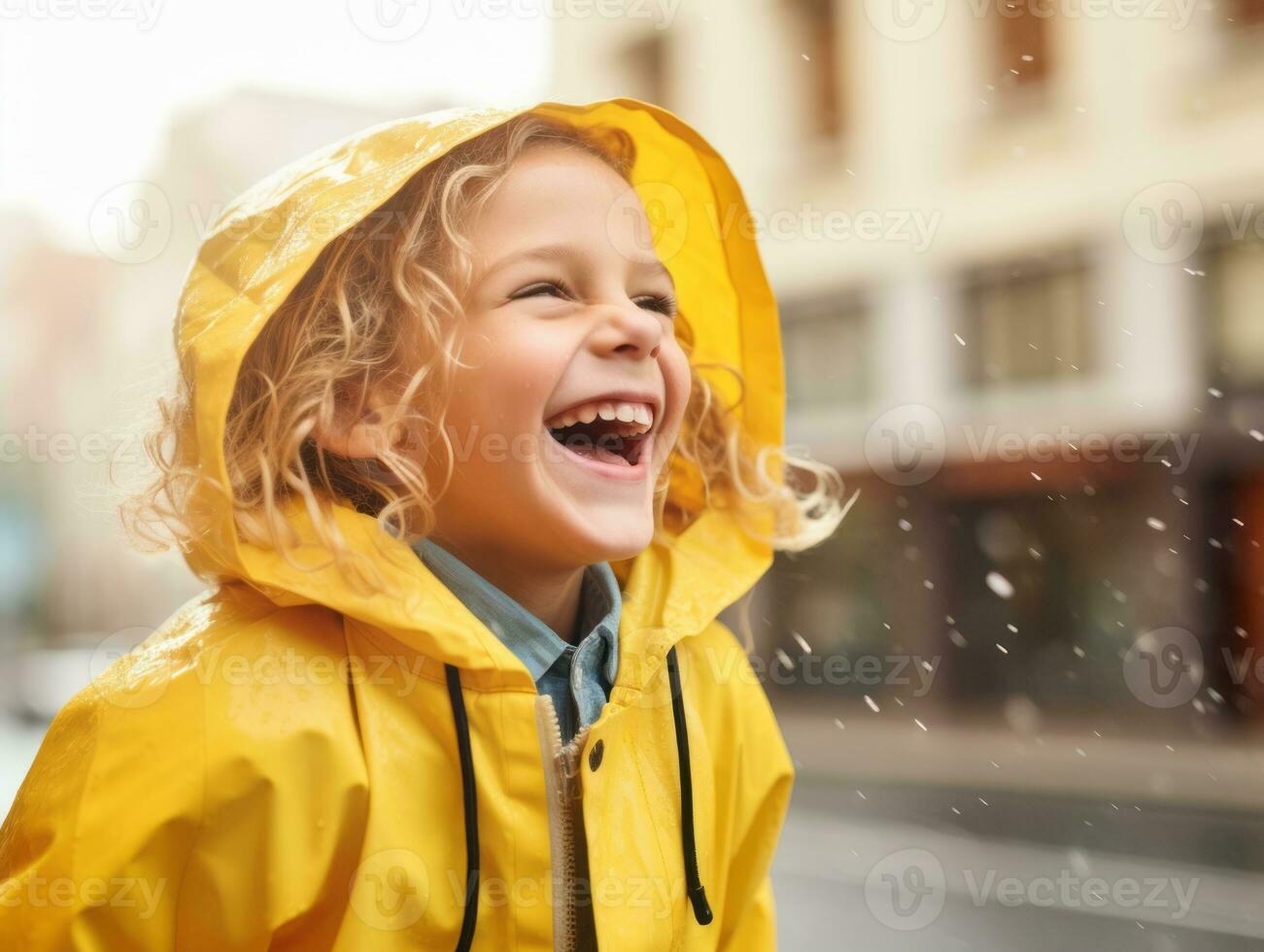 Carefree child joyfully dances in the refreshing rain AI Generative photo