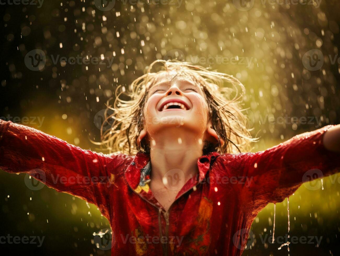Carefree child joyfully dances in the refreshing rain AI Generative photo