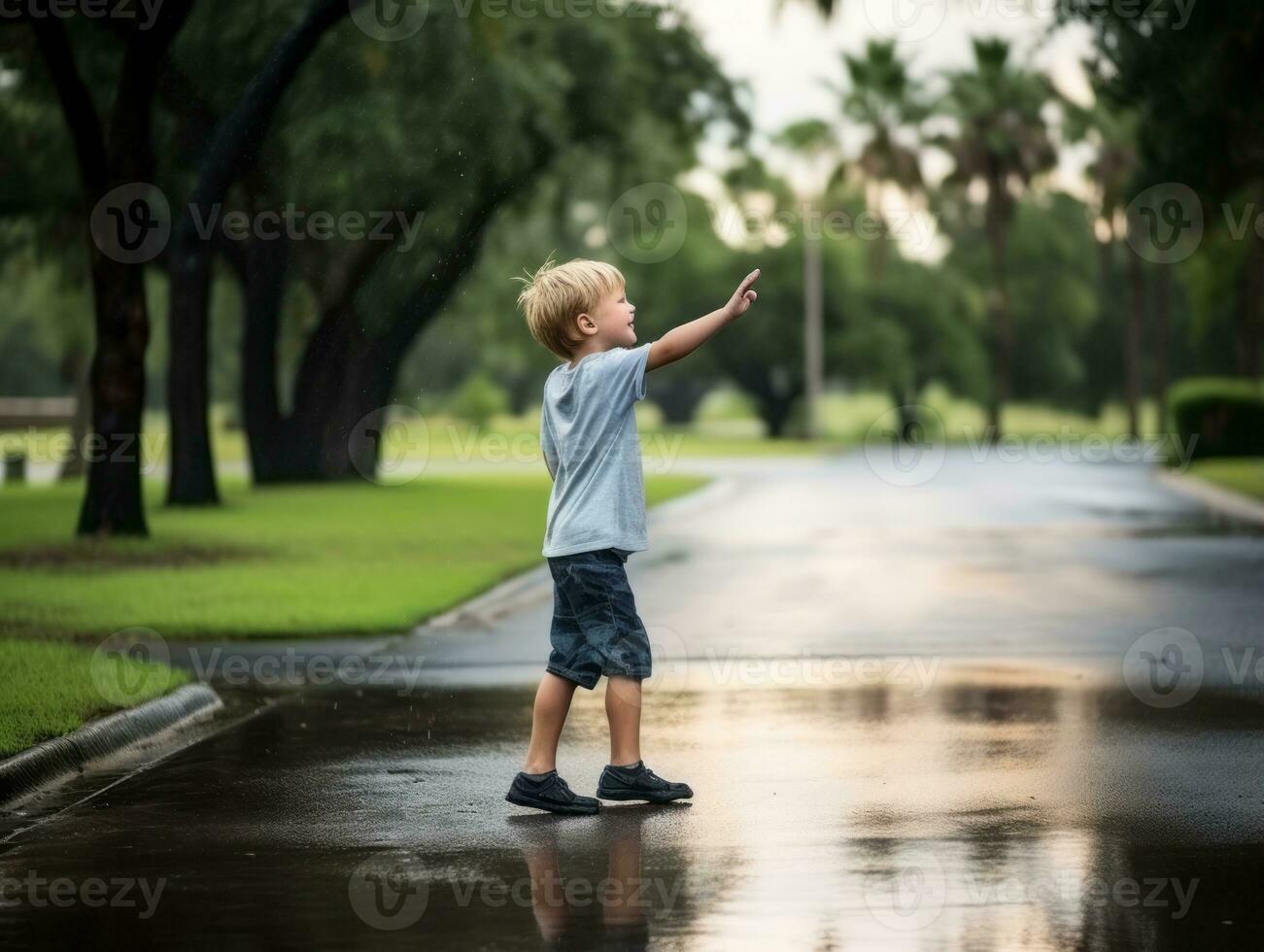 Carefree child joyfully dances in the refreshing rain AI Generative photo