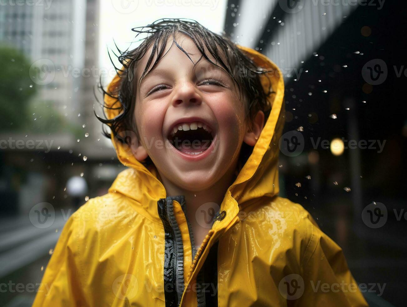 Carefree child joyfully dances in the refreshing rain AI Generative photo