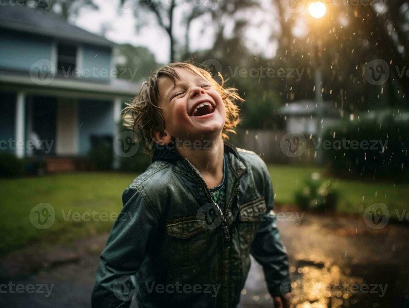 Carefree child joyfully dances in the refreshing rain AI Generative photo