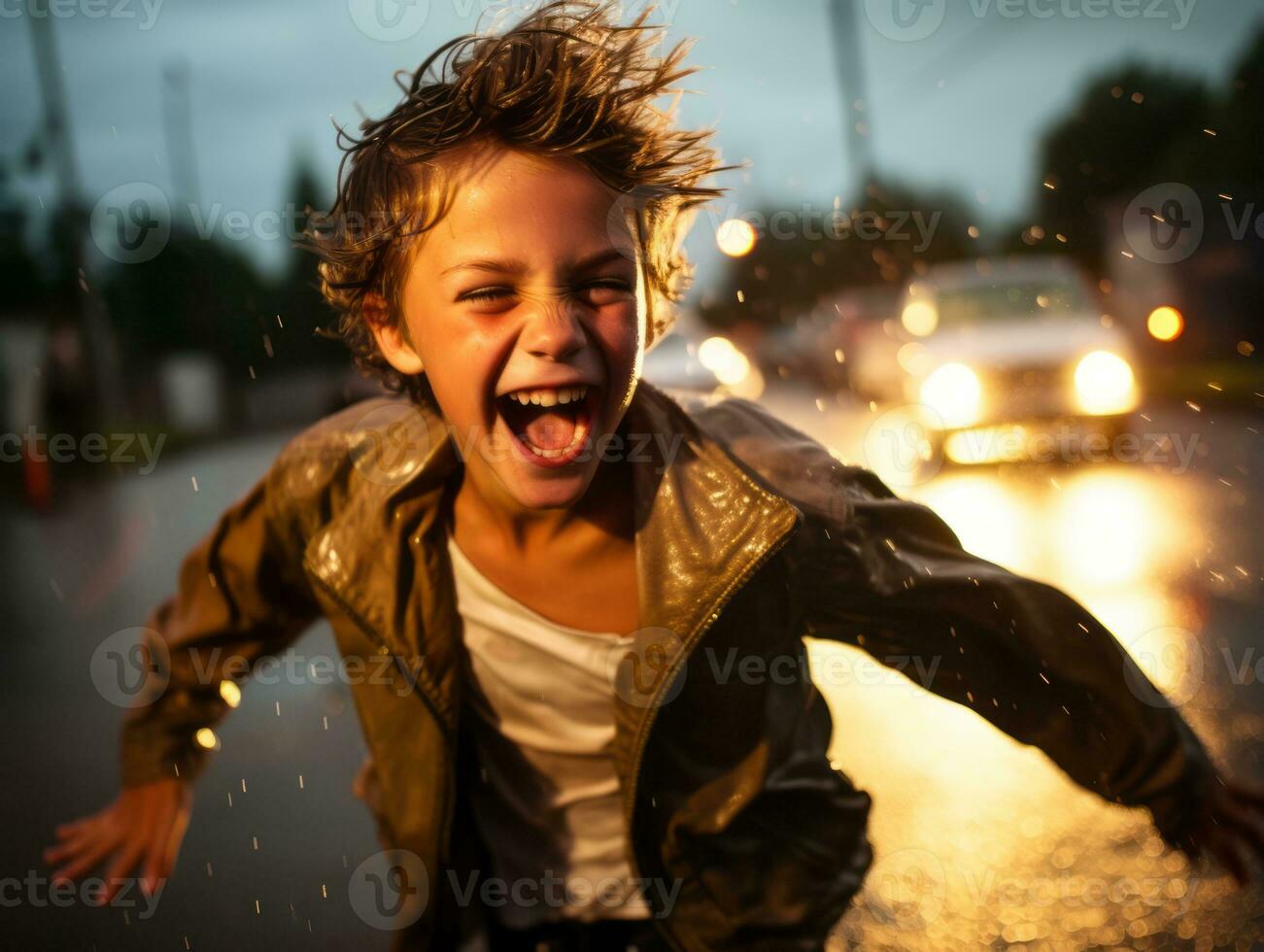 Carefree child joyfully dances in the refreshing rain AI Generative photo