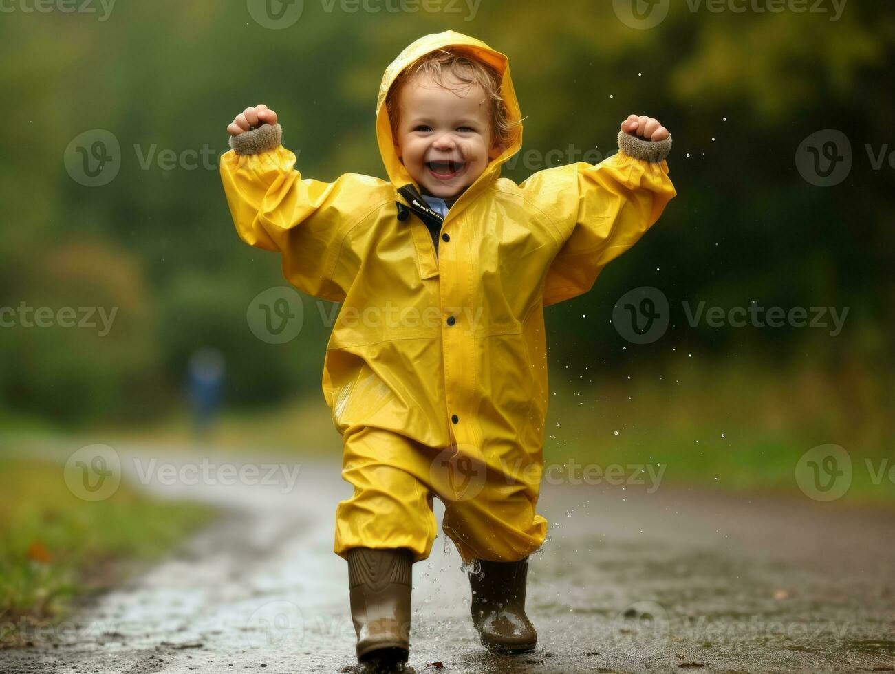 Carefree child joyfully dances in the refreshing rain AI Generative photo
