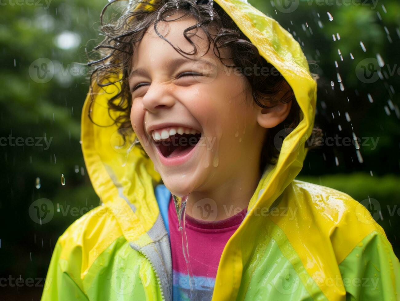 Carefree child joyfully dances in the refreshing rain AI Generative photo