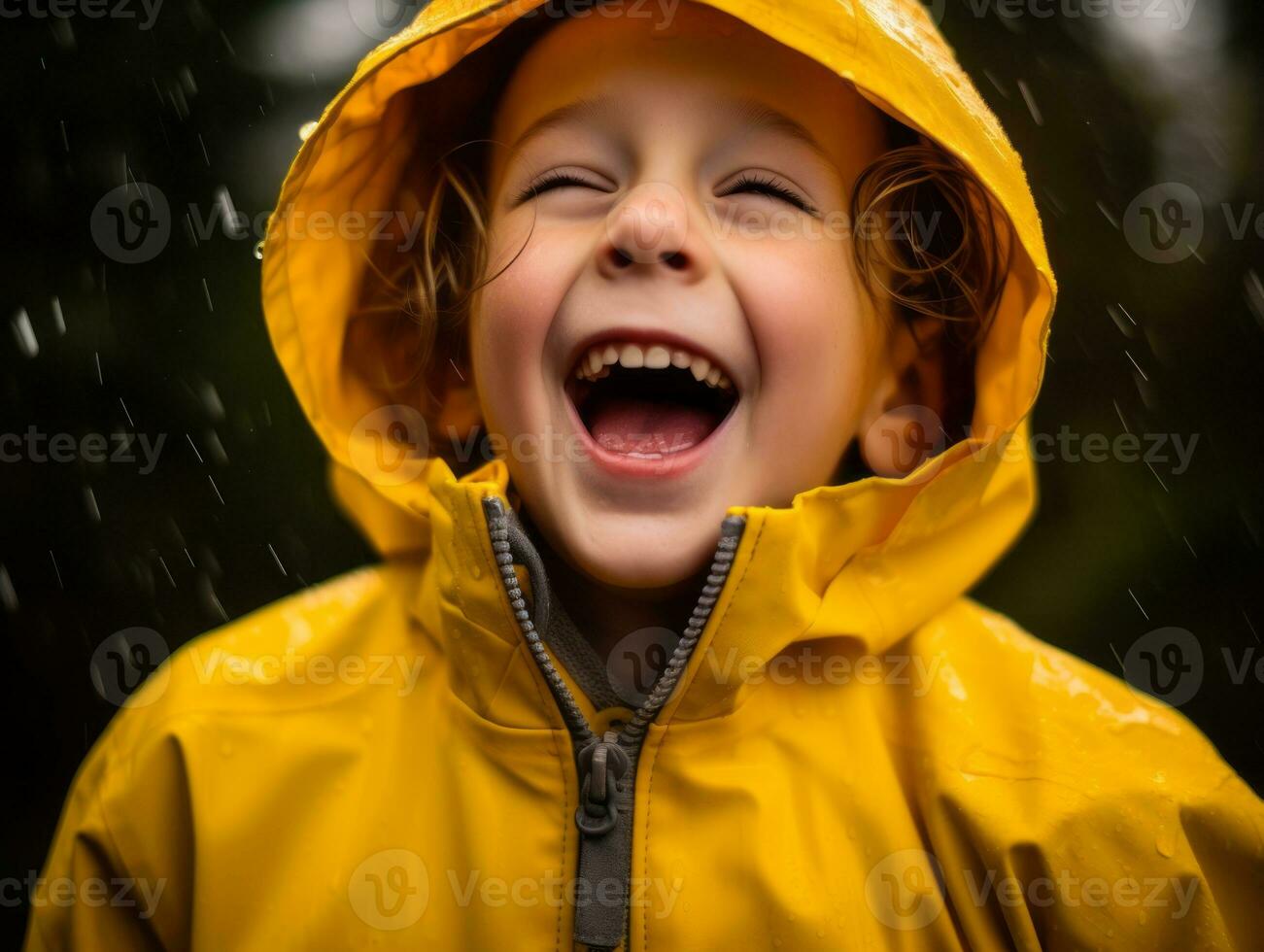 Carefree child joyfully dances in the refreshing rain AI Generative photo