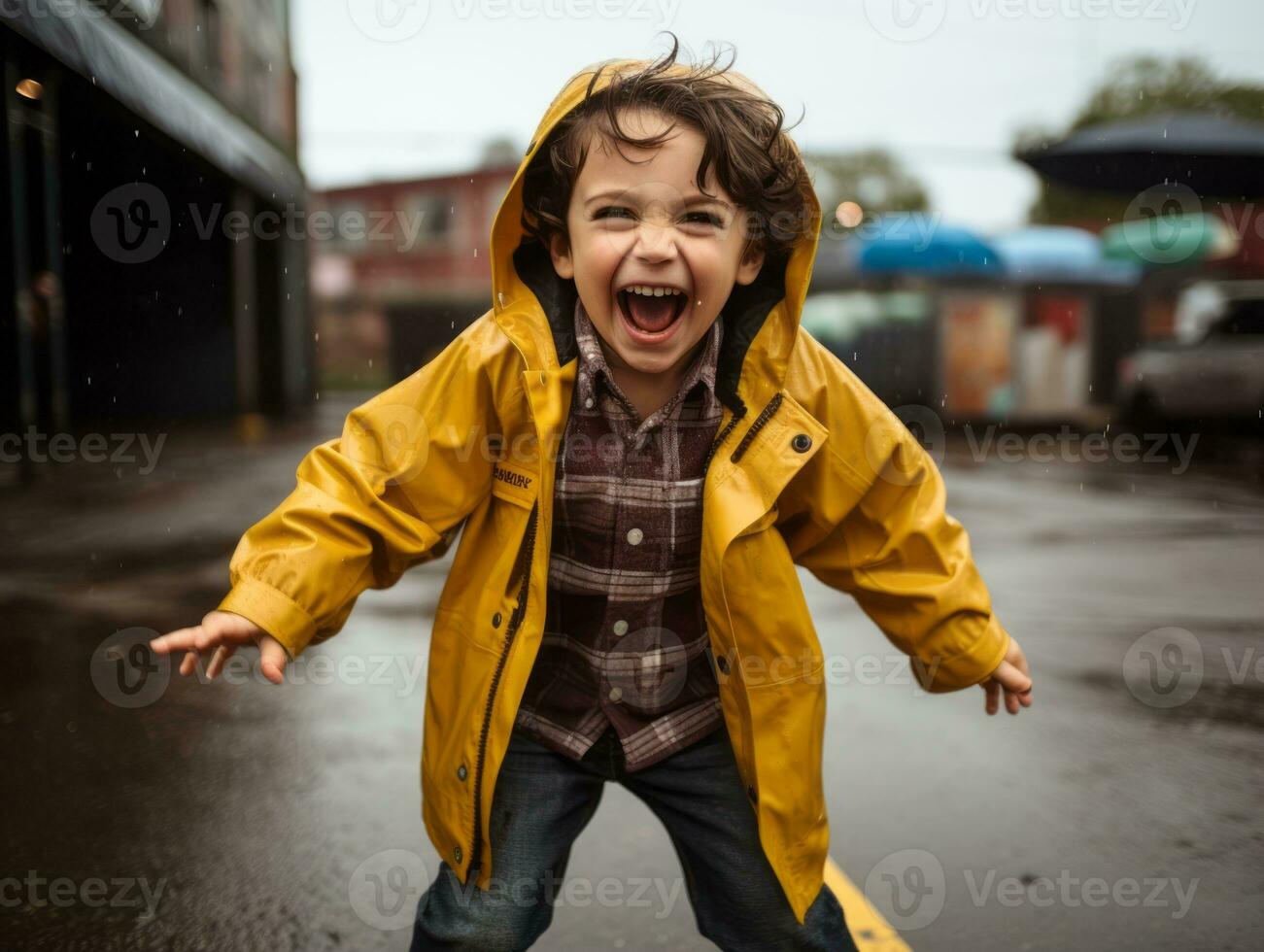 Carefree child joyfully dances in the refreshing rain AI Generative photo