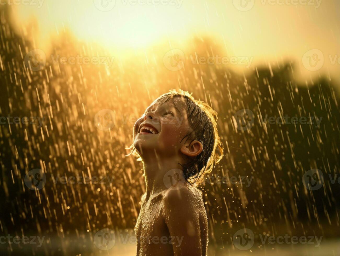 Carefree child joyfully dances in the refreshing rain AI Generative photo