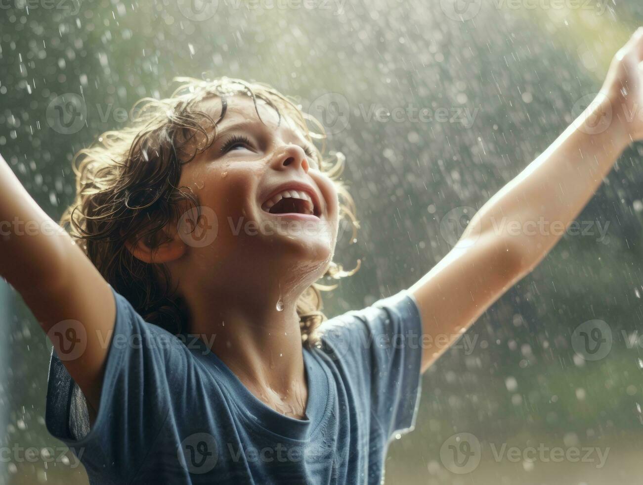 Carefree child joyfully dances in the refreshing rain AI Generative photo