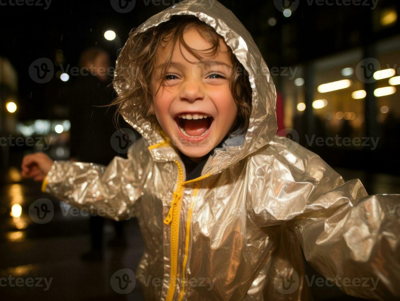 Carefree child joyfully dances in the refreshing rain AI Generative photo