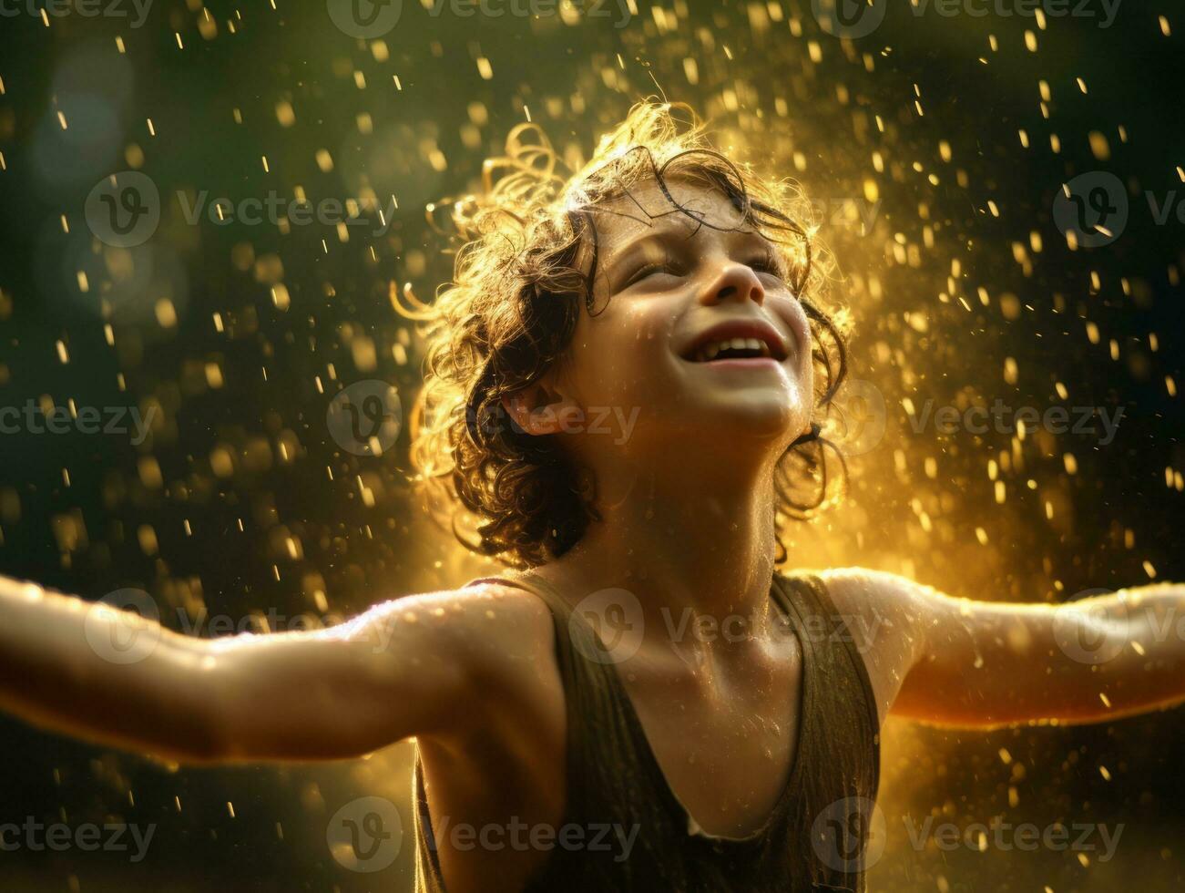 Carefree child joyfully dances in the refreshing rain AI Generative photo