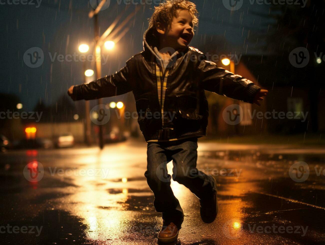 Carefree child joyfully dances in the refreshing rain AI Generative photo