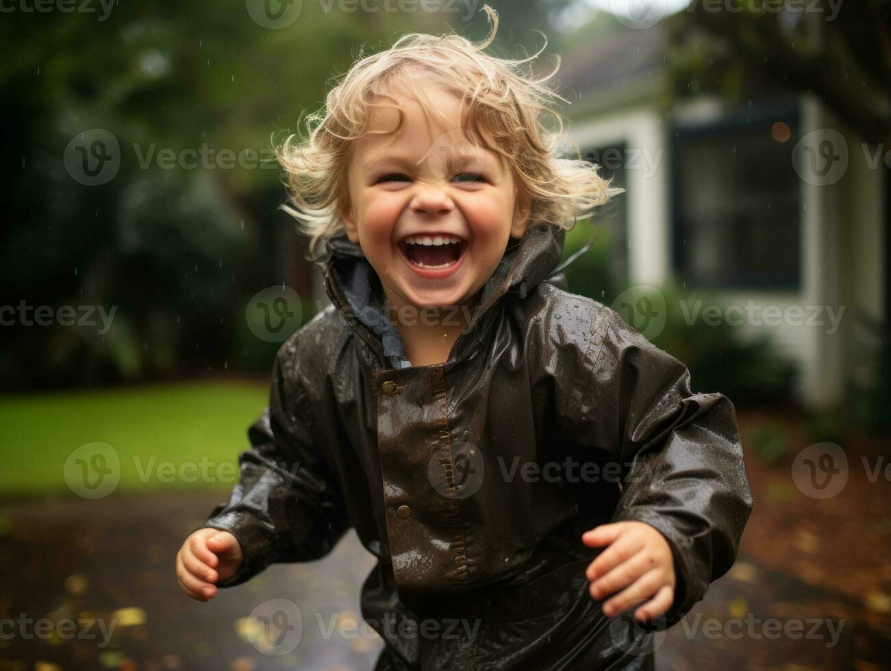Carefree child joyfully dances in the refreshing rain AI Generative photo