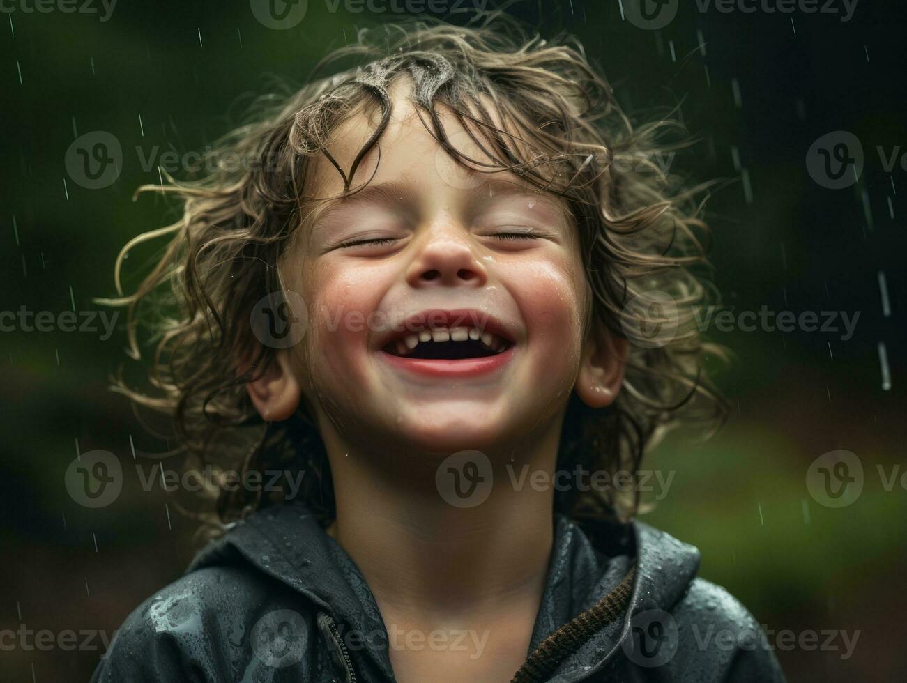 Carefree child joyfully dances in the refreshing rain AI Generative photo