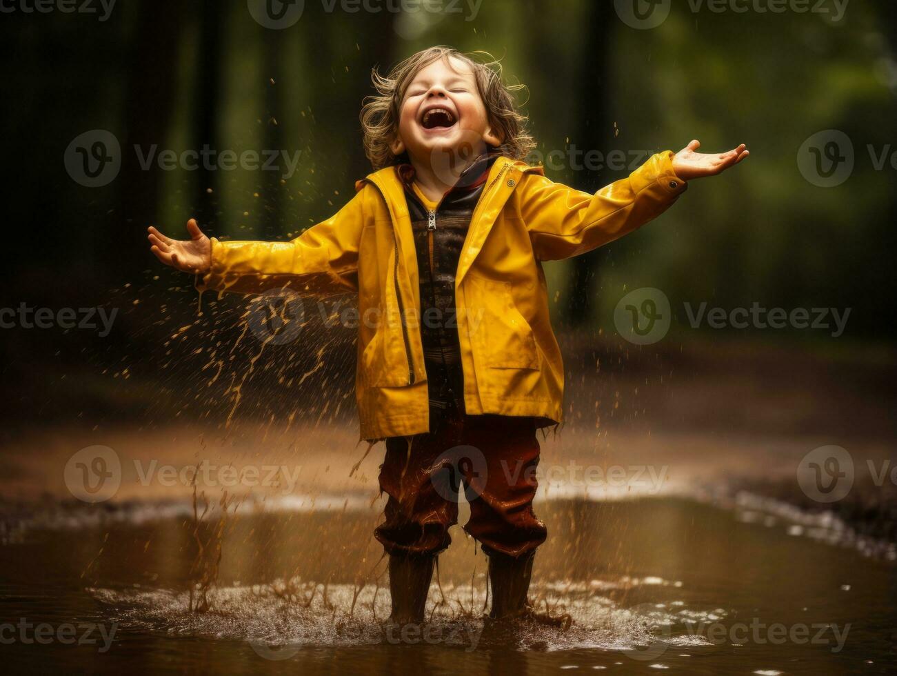 Carefree child joyfully dances in the refreshing rain AI Generative photo