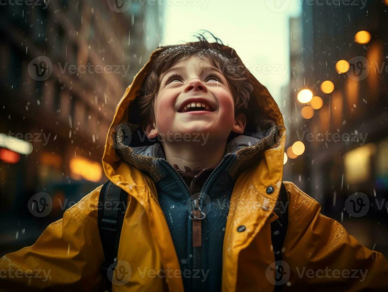 Carefree child joyfully dances in the refreshing rain AI Generative photo