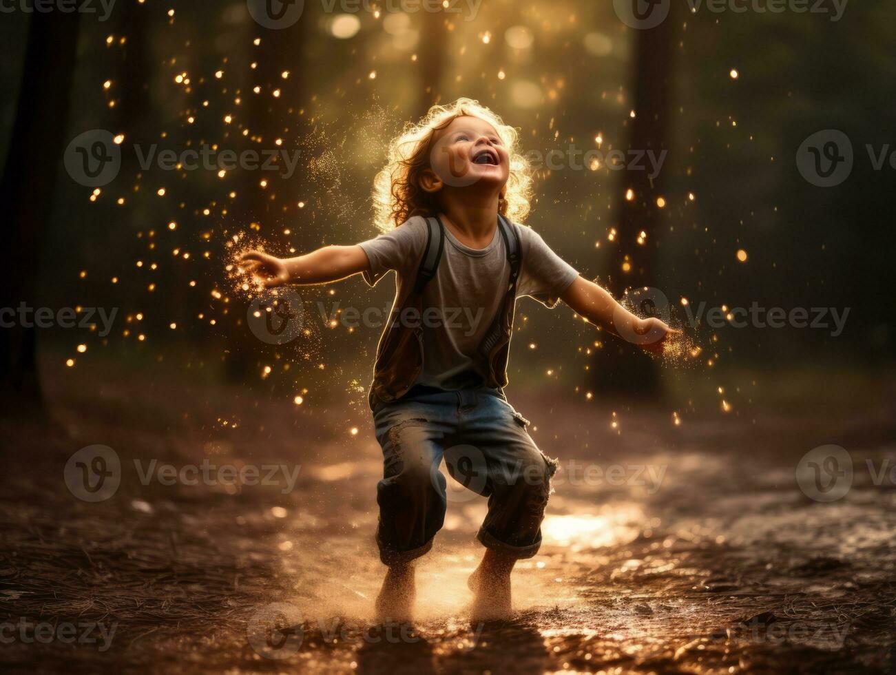 Carefree child joyfully dances in the refreshing rain AI Generative photo