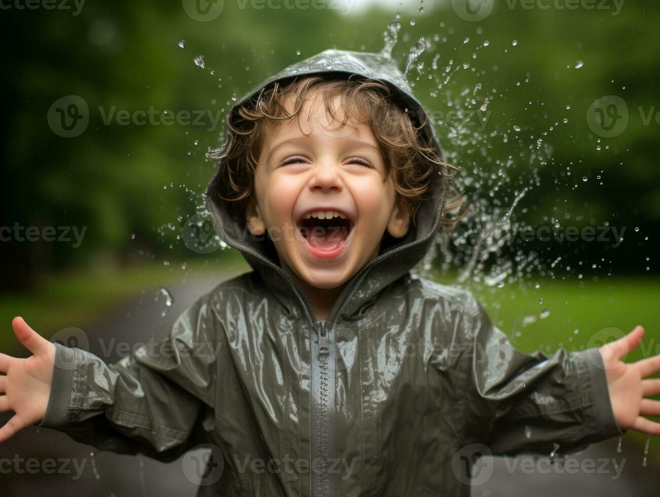 Carefree child joyfully dances in the refreshing rain AI Generative photo