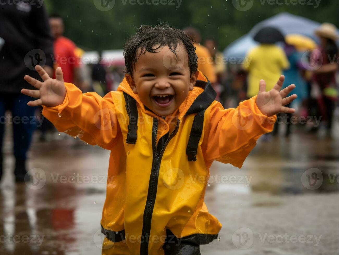 Carefree child joyfully dances in the refreshing rain AI Generative photo