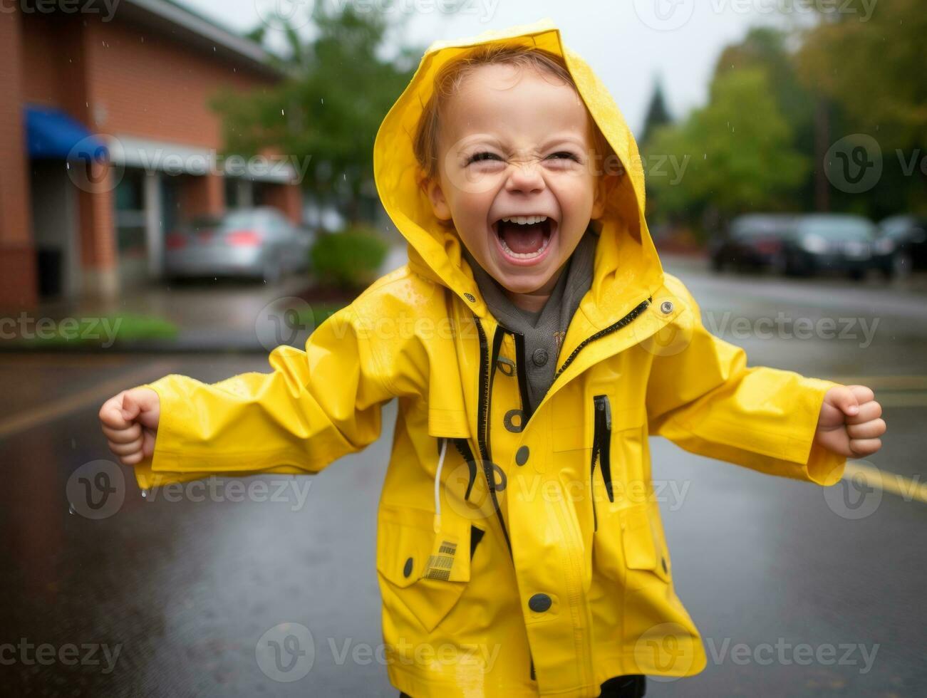 Carefree child joyfully dances in the refreshing rain AI Generative photo