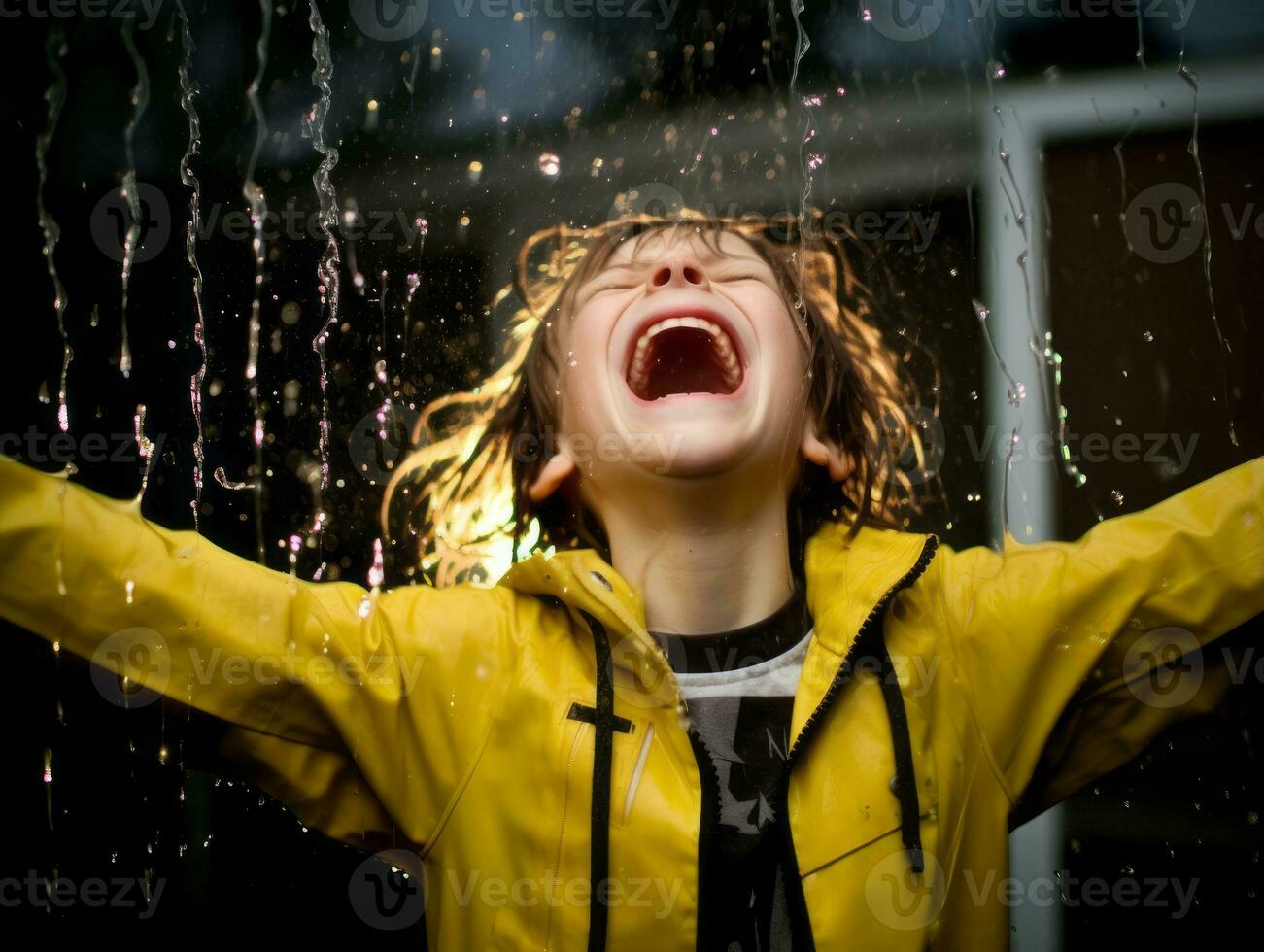 despreocupado niño alegremente bailes en el refrescante lluvia ai generativo foto