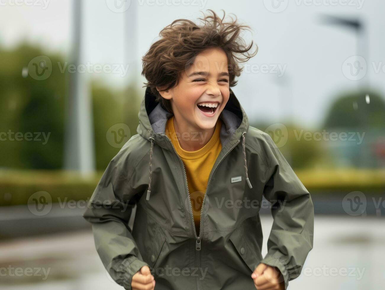 Carefree child joyfully dances in the refreshing rain AI Generative photo