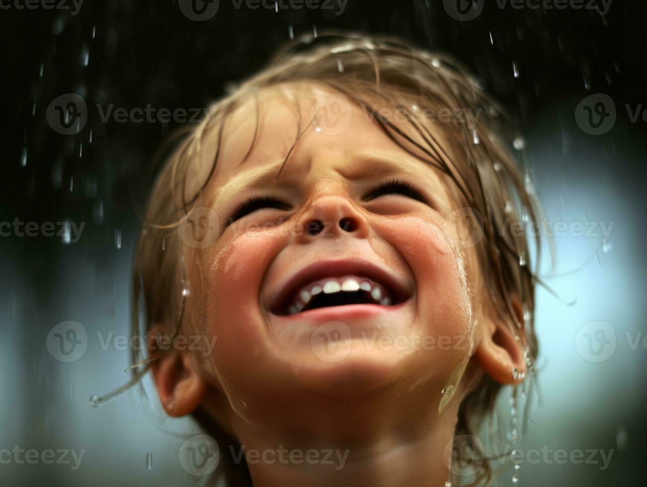 Carefree child joyfully dances in the refreshing rain AI Generative photo