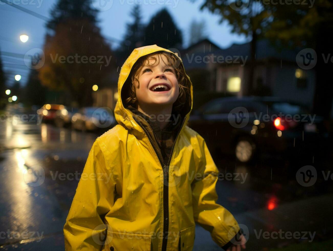 Carefree child joyfully dances in the refreshing rain AI Generative photo