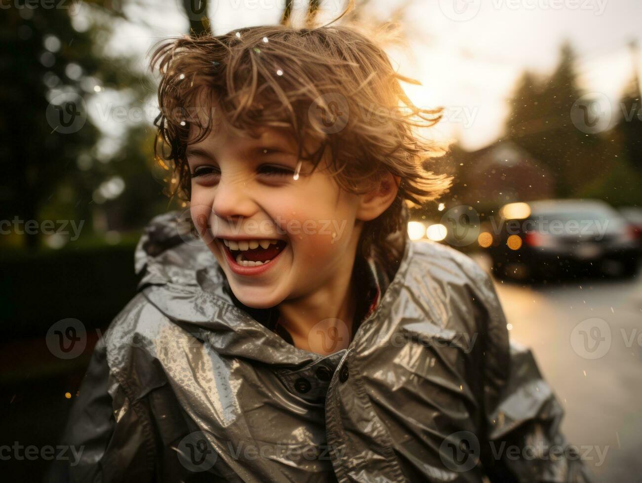 Carefree child joyfully dances in the refreshing rain AI Generative photo