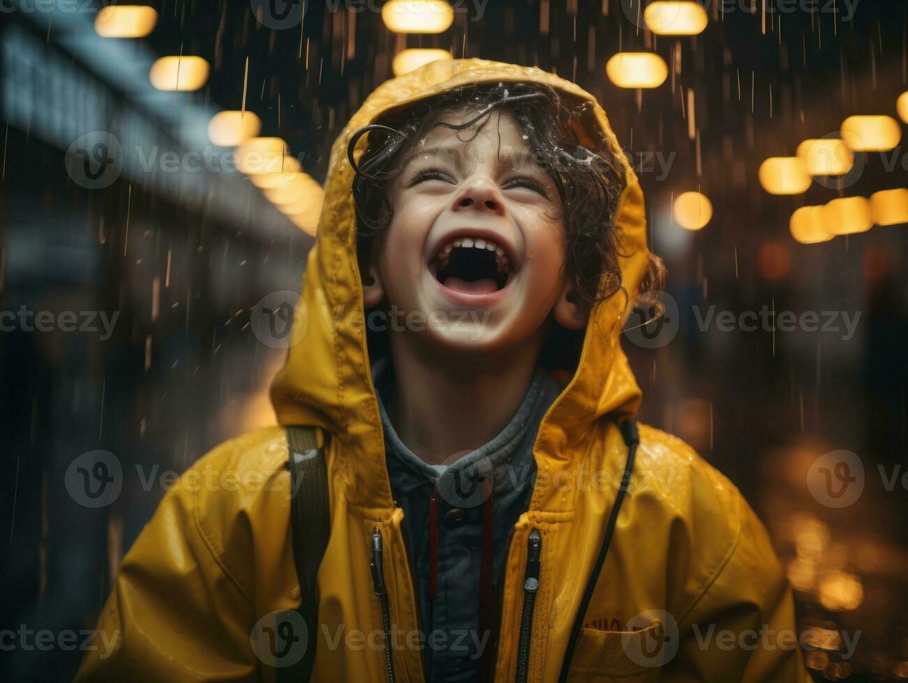 Carefree child joyfully dances in the refreshing rain AI Generative photo