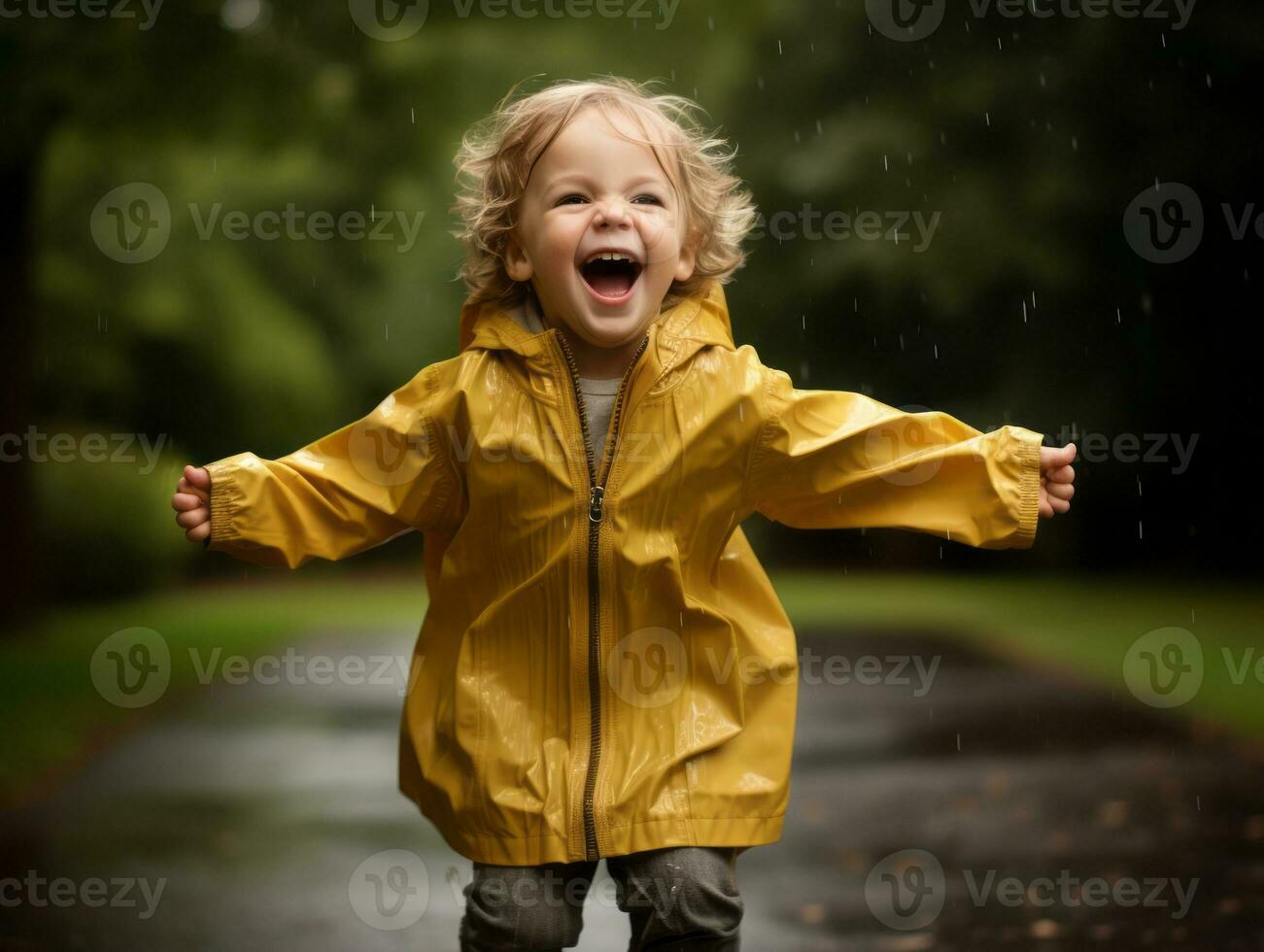 Carefree child joyfully dances in the refreshing rain AI Generative photo