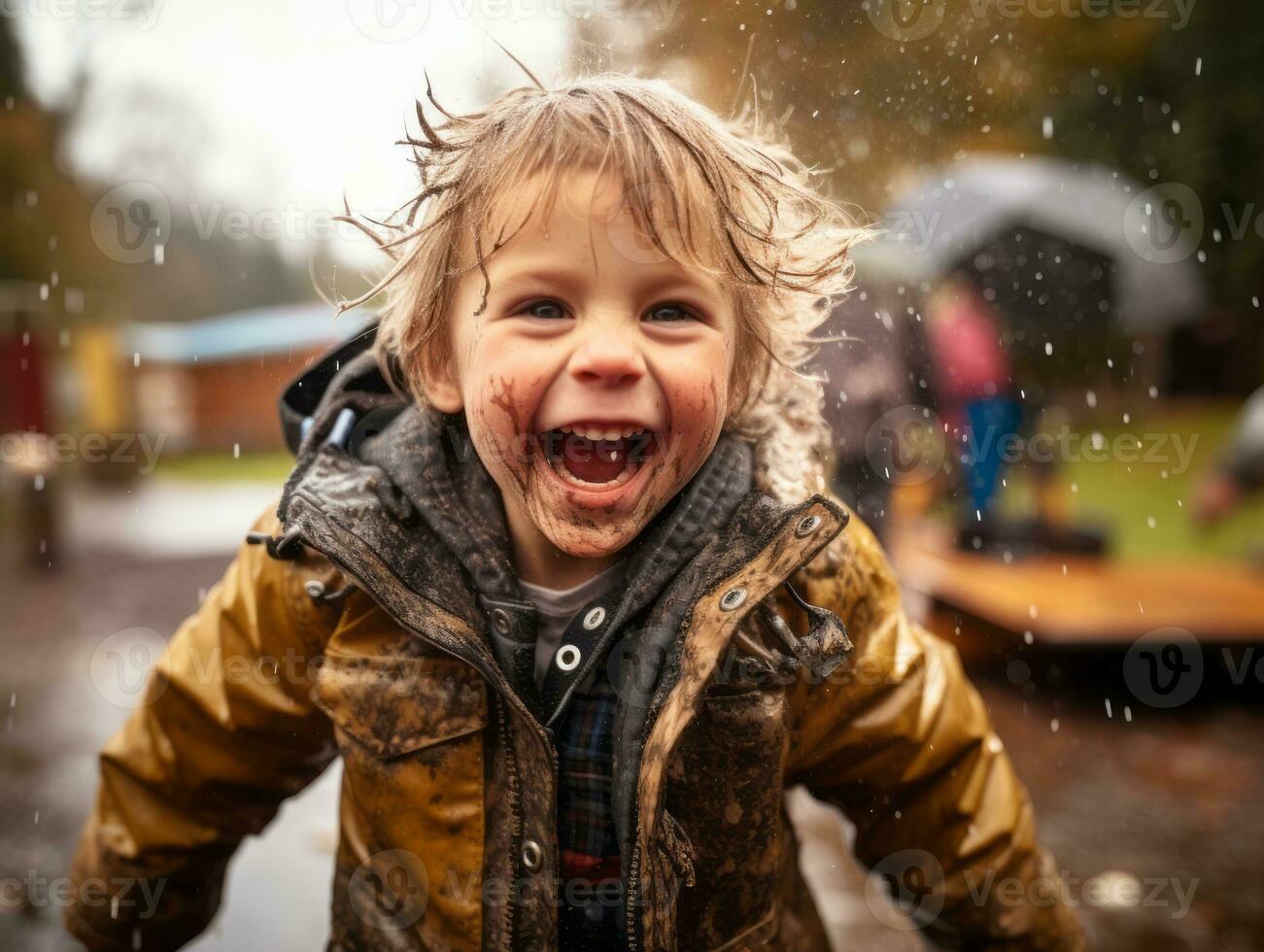 Carefree child joyfully dances in the refreshing rain AI Generative photo