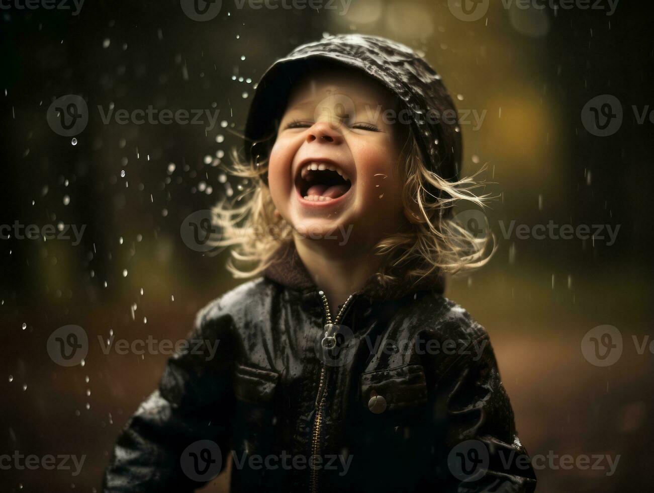 Carefree child joyfully dances in the refreshing rain AI Generative photo