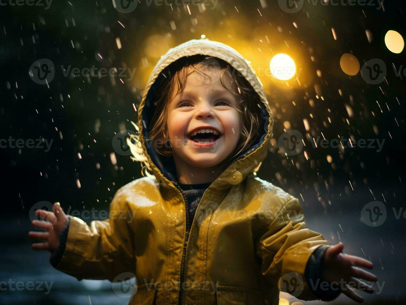 Carefree child joyfully dances in the refreshing rain AI Generative photo