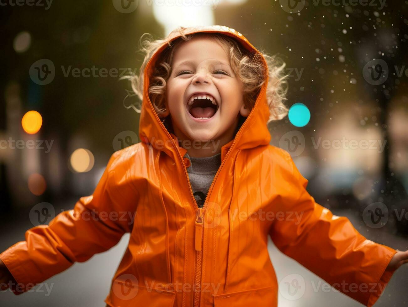 Carefree child joyfully dances in the refreshing rain AI Generative photo