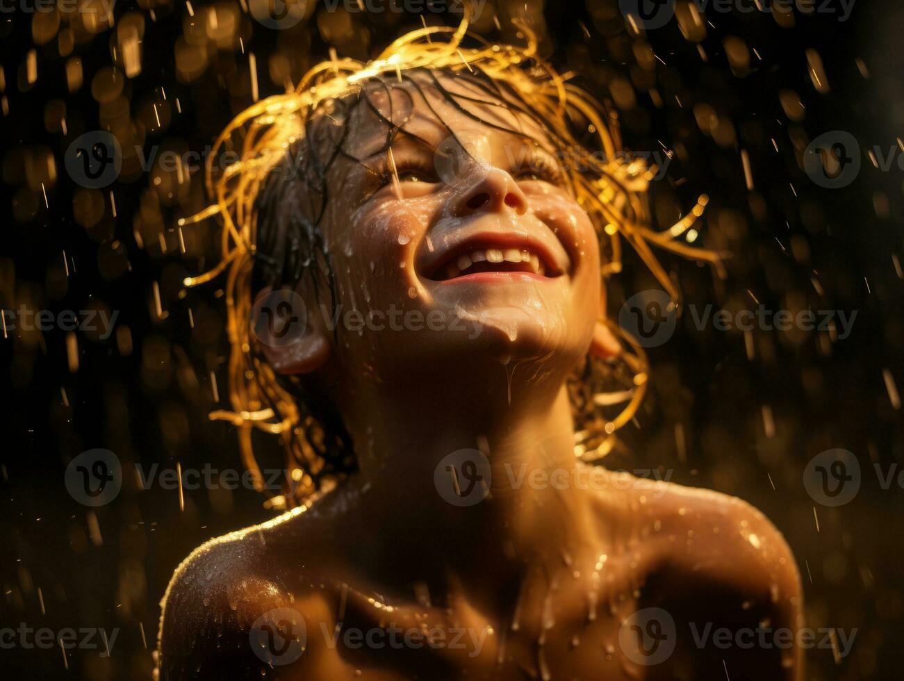 Carefree child joyfully dances in the refreshing rain AI Generative photo