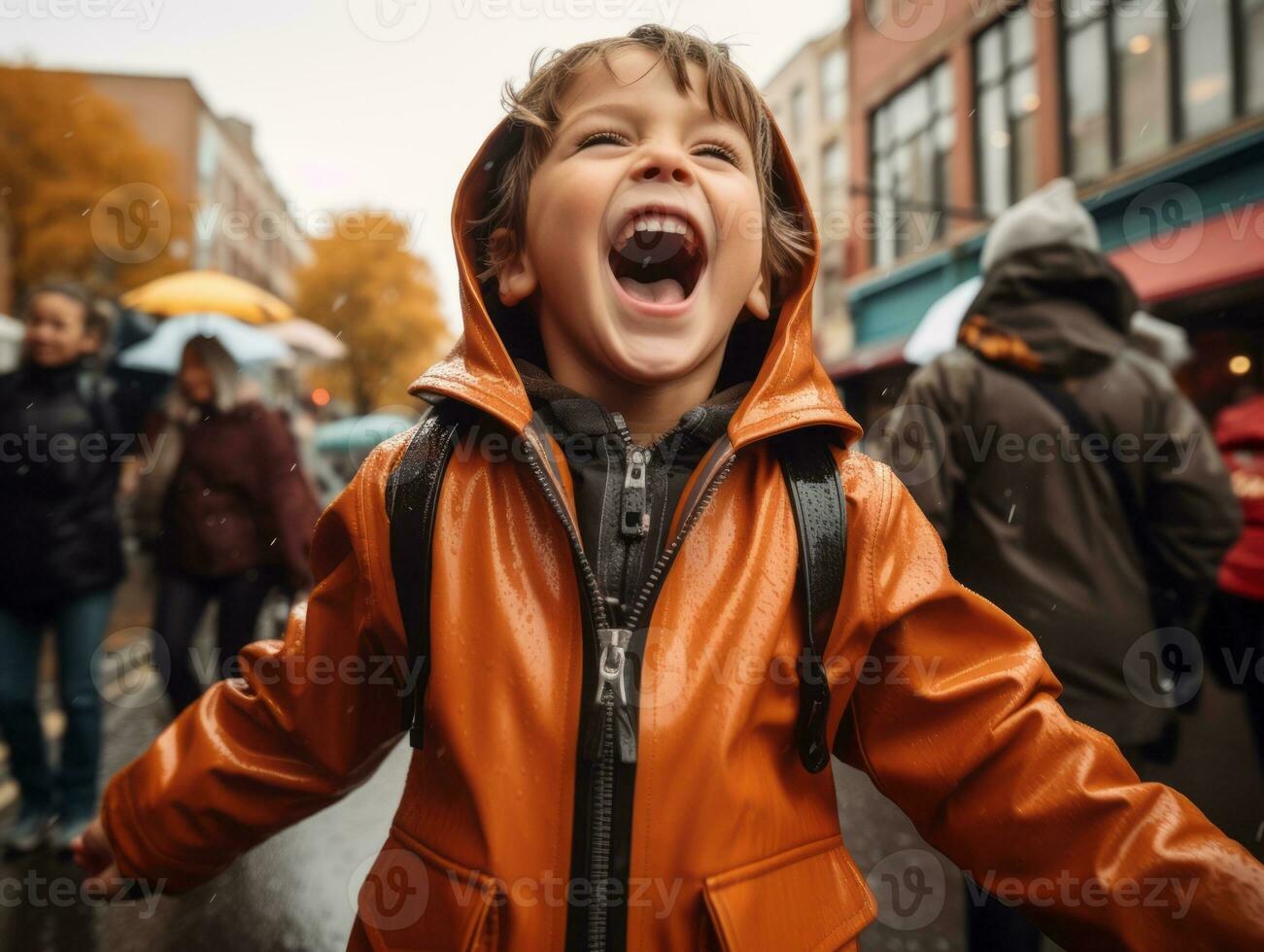 Carefree child joyfully dances in the refreshing rain AI Generative photo