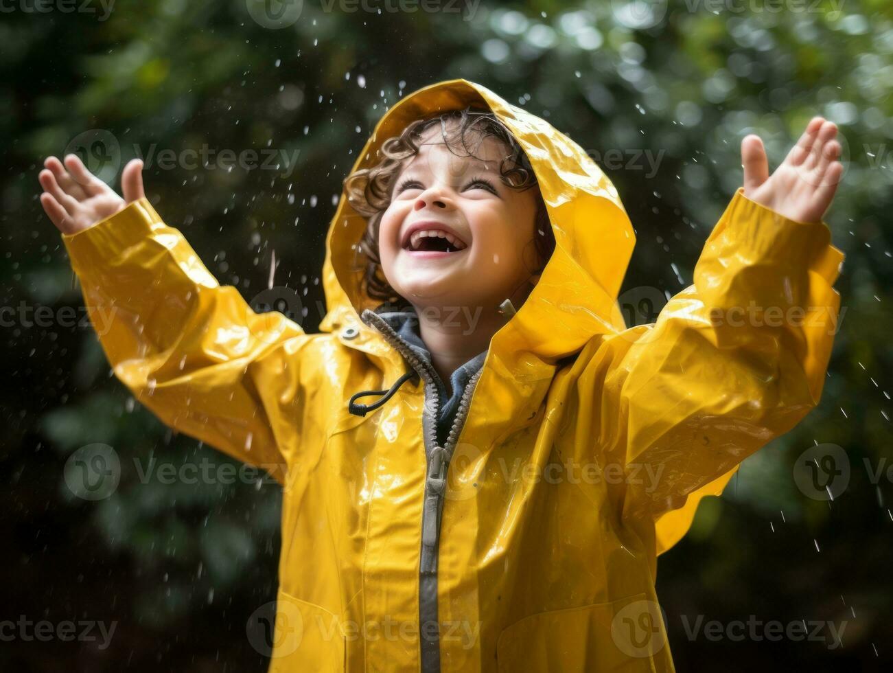 Carefree child joyfully dances in the refreshing rain AI Generative photo