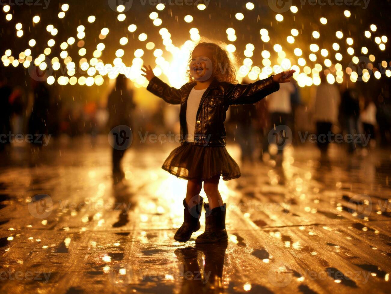 Carefree child joyfully dances in the refreshing rain AI Generative photo