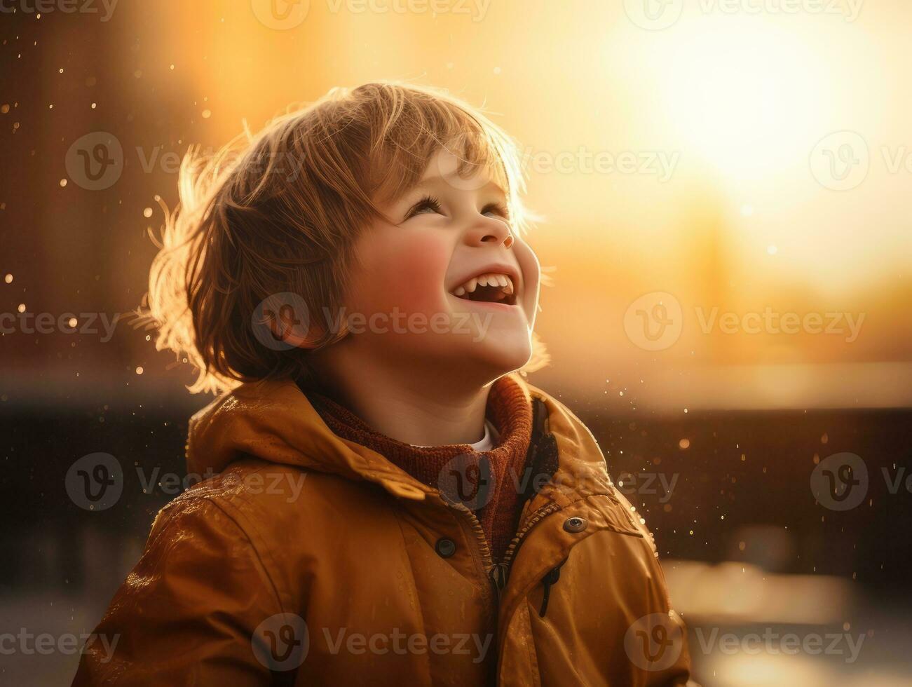 Carefree child joyfully dances in the refreshing rain AI Generative photo