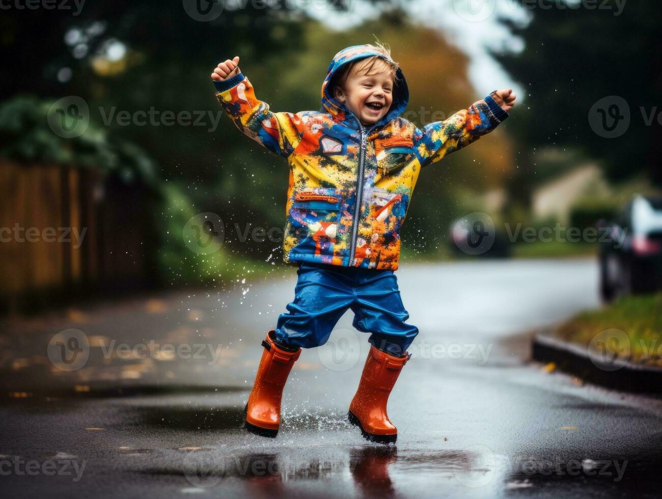 Carefree child joyfully dances in the refreshing rain AI Generative photo