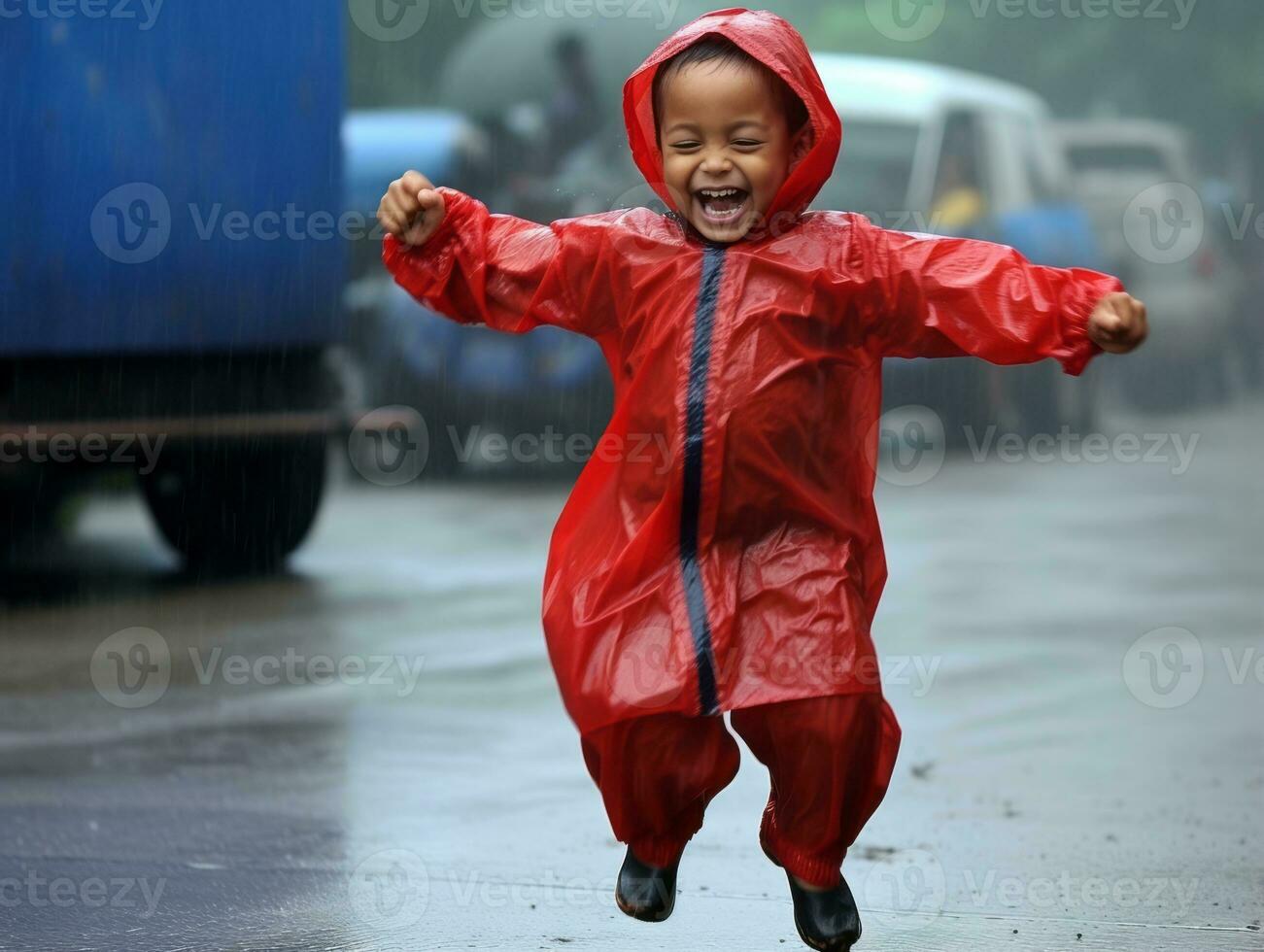 Carefree child joyfully dances in the refreshing rain AI Generative photo