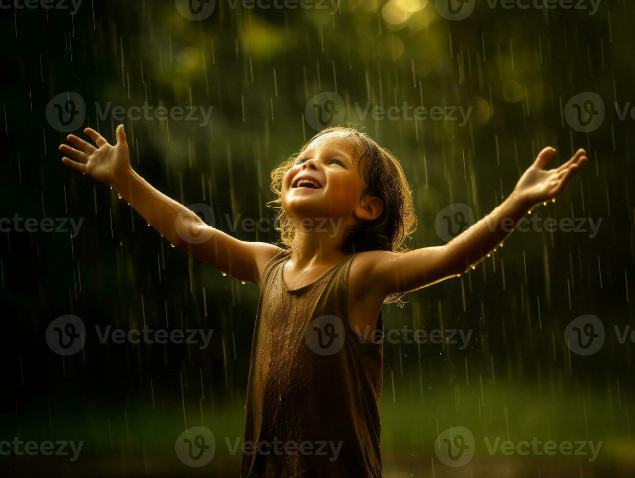 Carefree child joyfully dances in the refreshing rain AI Generative photo