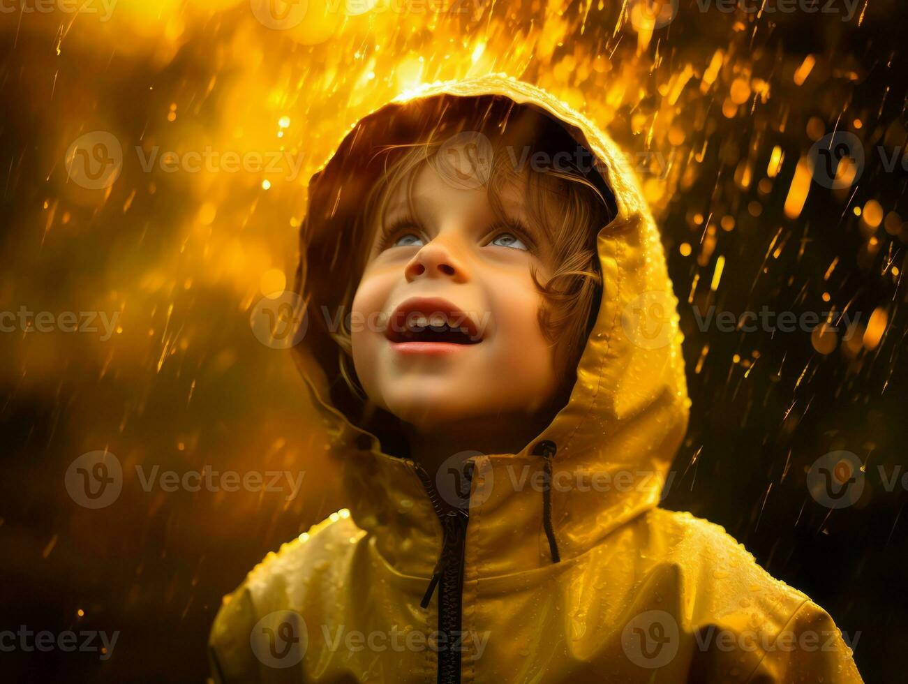 Carefree child joyfully dances in the refreshing rain AI Generative photo